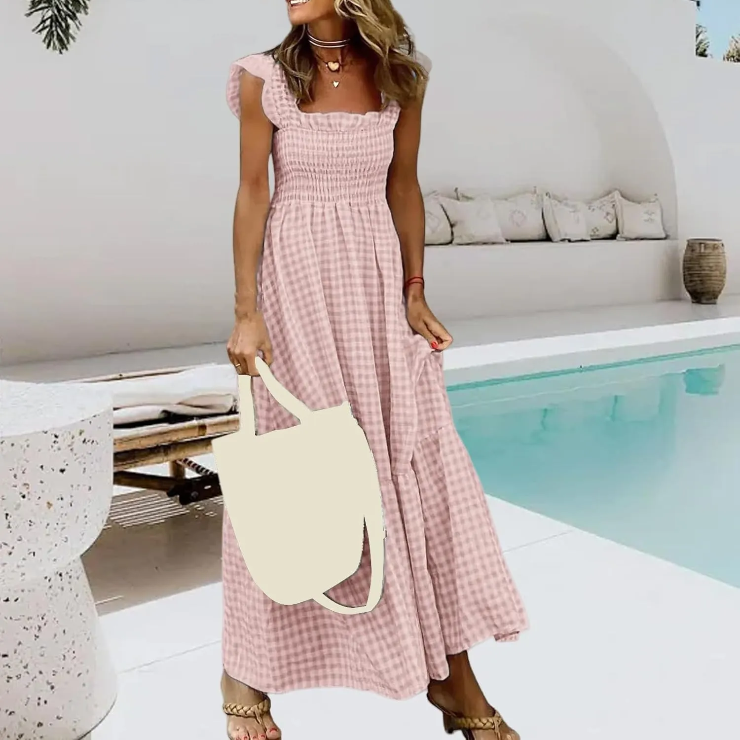 Flowy Dresses for Women Spring Summer Casual Plaid Dresses Smocked Spaghetti Strap Long Dress Vacation Maxi Dress