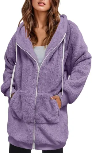 FMCHICO Fleece Coat for Women,Women's Oversized Zip Up Hooded Jacket Winter Plus Size Sherpa Coat