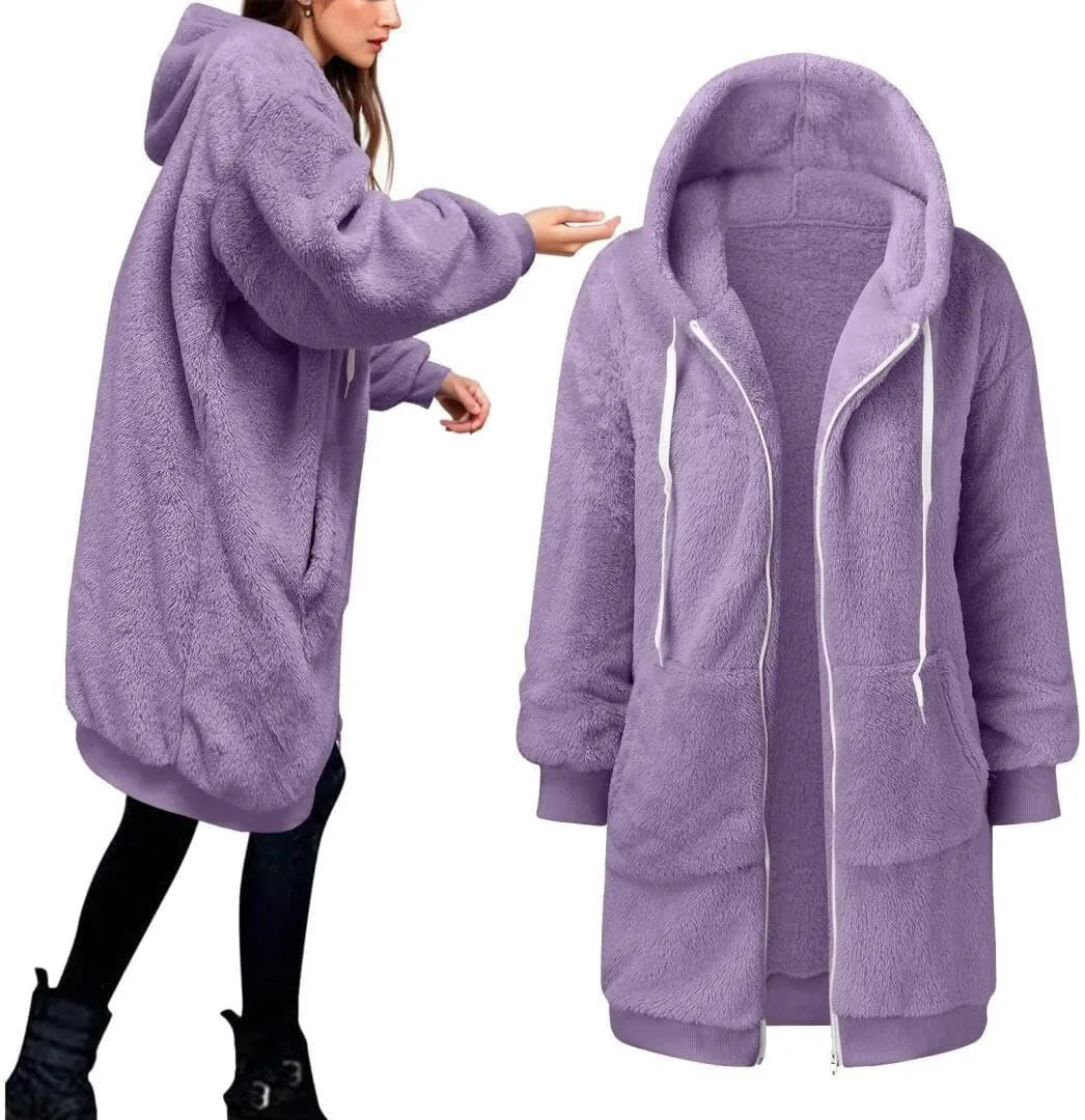 FMCHICO Fleece Coat for Women,Women's Oversized Zip Up Hooded Jacket Winter Plus Size Sherpa Coat