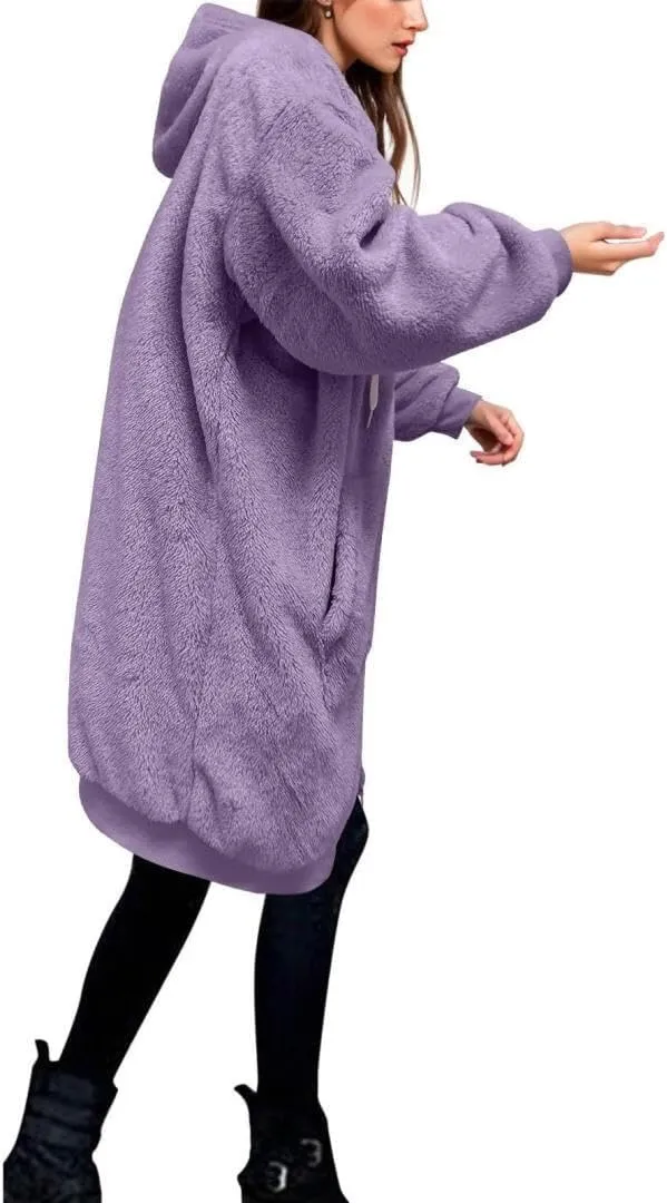FMCHICO Fleece Coat for Women,Women's Oversized Zip Up Hooded Jacket Winter Plus Size Sherpa Coat