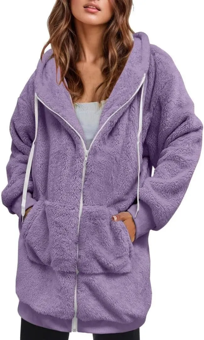 FMCHICO Fleece Coat for Women,Women's Oversized Zip Up Hooded Jacket Winter Plus Size Sherpa Coat