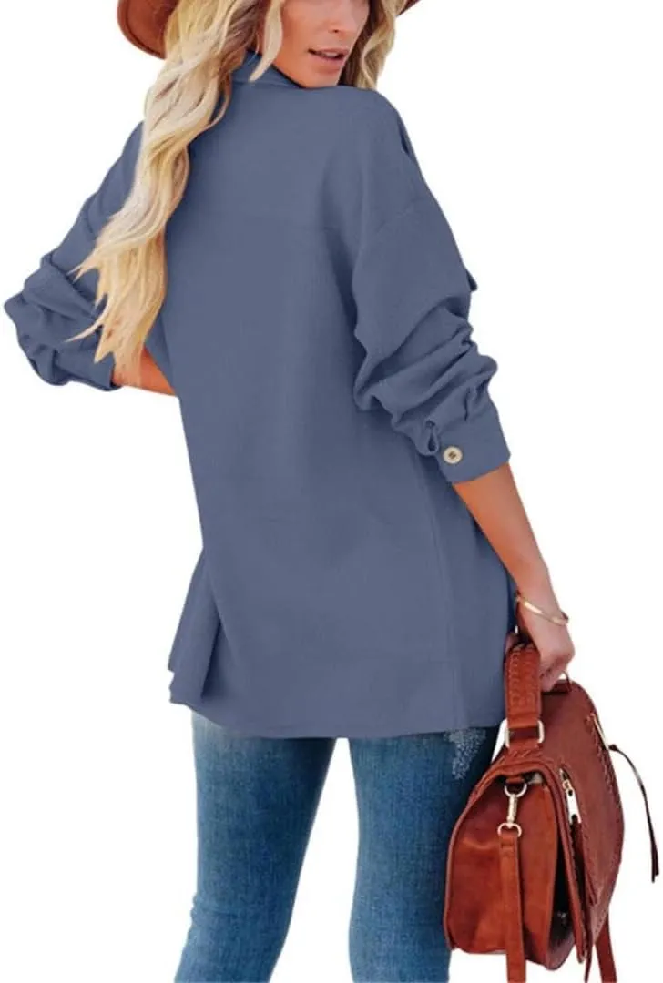 FMCHICO Womens Lapel Collar Long Shirts Casual Button Down Oversized Shacket Coat