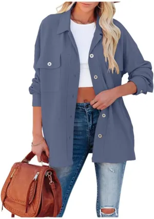 FMCHICO Womens Lapel Collar Long Shirts Casual Button Down Oversized Shacket Coat
