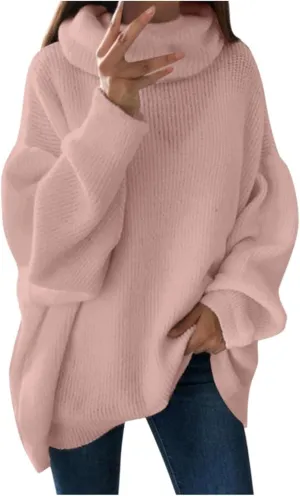 FMCHICO Women's Long Sleeve Turtleneck Loose Oversized Tunic Pullover Sweater Knit Tops