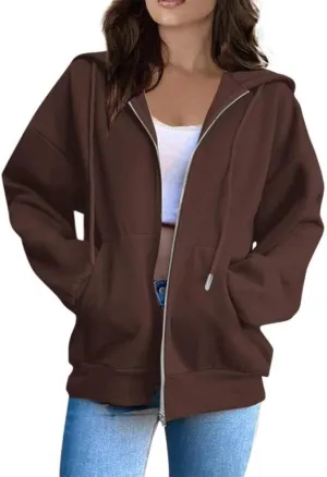 FMCHICO Women's Oversized Hoodies for Women Full Zip Up Long Sleeve Sweatshirts Drawstring Jackets Coat with Pockets