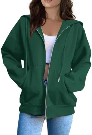 FMCHICO Women's Oversized Hoodies for Women Full Zip Up Long Sleeve Sweatshirts Drawstring Jackets Coat with Pockets