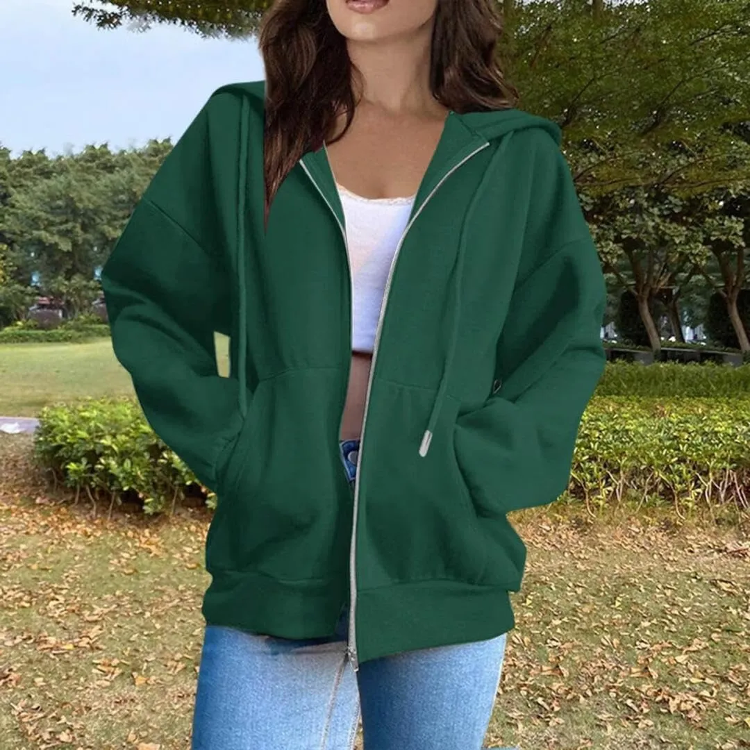 FMCHICO Women's Oversized Hoodies for Women Full Zip Up Long Sleeve Sweatshirts Drawstring Jackets Coat with Pockets