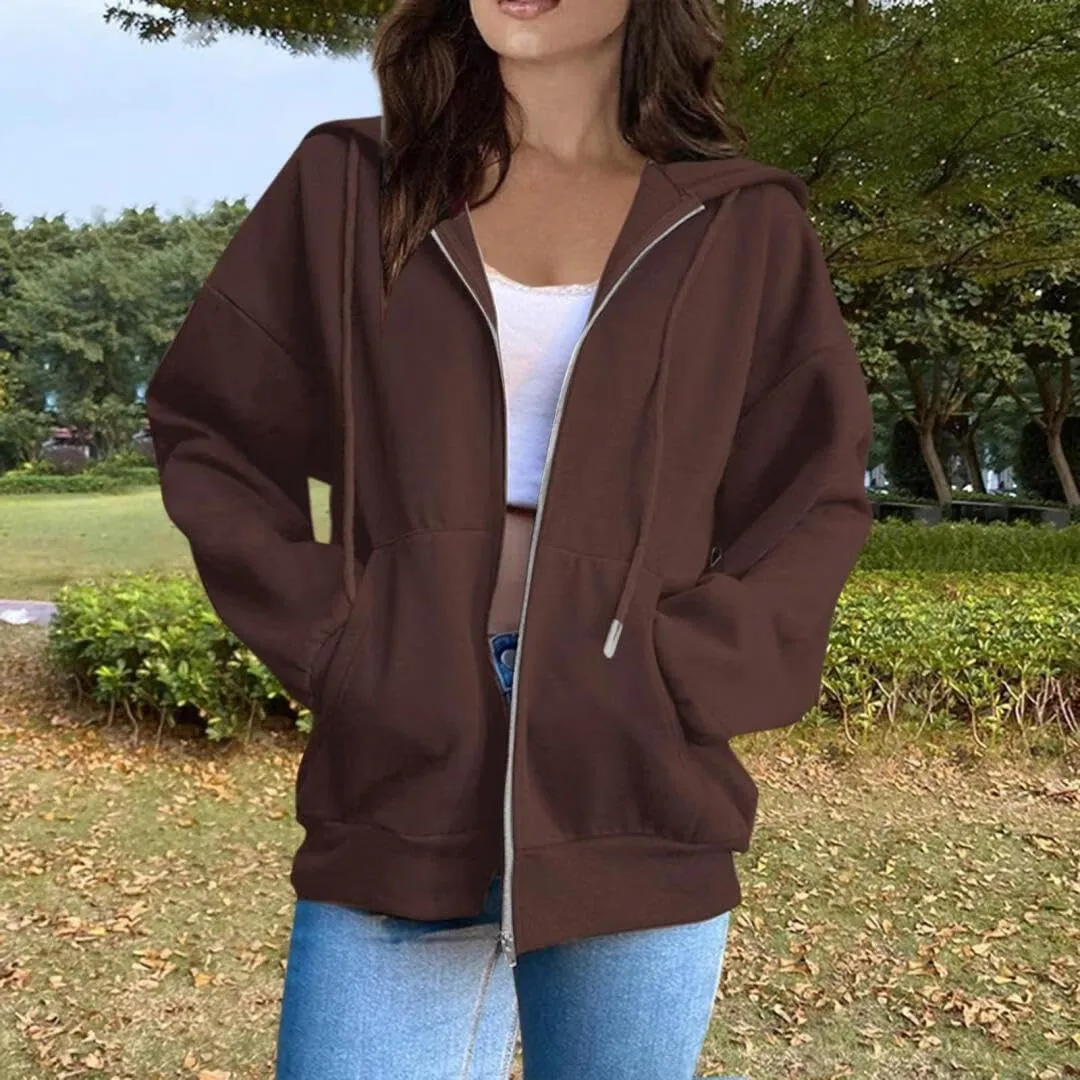 FMCHICO Women's Oversized Hoodies for Women Full Zip Up Long Sleeve Sweatshirts Drawstring Jackets Coat with Pockets