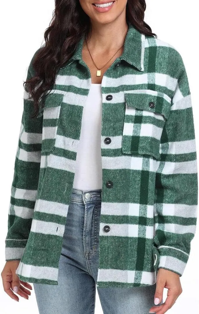 FMCHICO Women's Plaid Shirts Long Sleeve Flannel Lapel Button Down Cardigan Boyfriend Shacket Jacket Coats