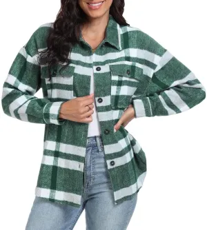 FMCHICO Women's Plaid Shirts Long Sleeve Flannel Lapel Button Down Cardigan Boyfriend Shacket Jacket Coats