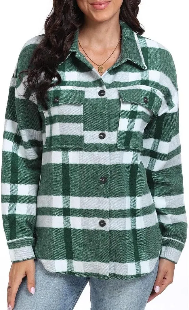 FMCHICO Women's Plaid Shirts Long Sleeve Flannel Lapel Button Down Cardigan Boyfriend Shacket Jacket Coats