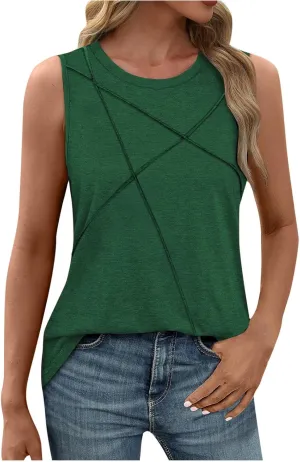Funny Pleated Geometry Tank Tops Women Summer Sleeveless Crewneck Tunic T-Shirt Comfy Casual Loose Fit Beach Blouse