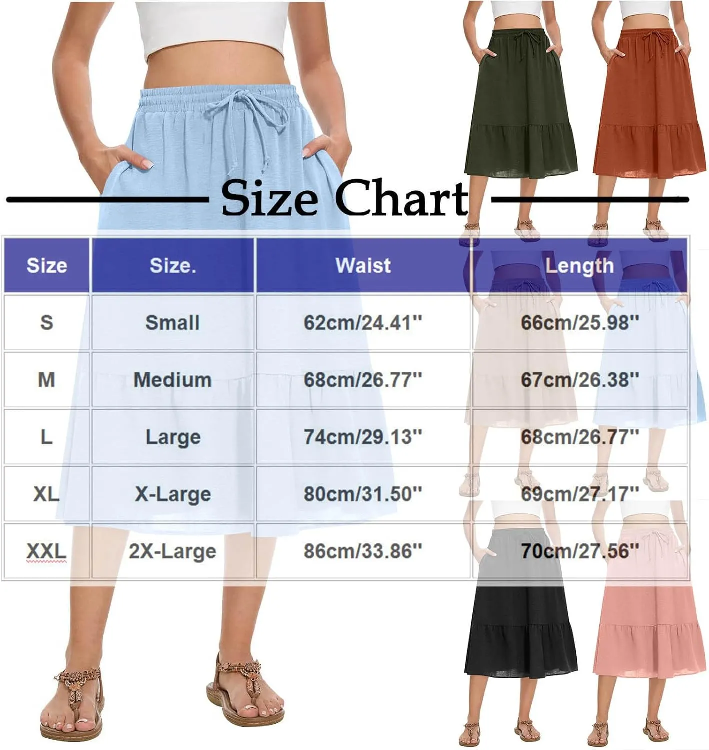 FZYLQY Women's Casual High Waisted Tiered Midi Skirt, Comfortable Loose Fit Elastic Waist Skirt with Pockets for Summer