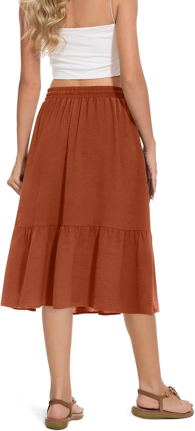 FZYLQY Women's Casual High Waisted Tiered Midi Skirt, Comfortable Loose Fit Elastic Waist Skirt with Pockets for Summer