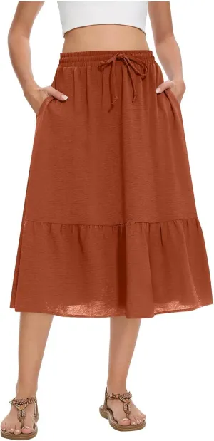 FZYLQY Women's Casual High Waisted Tiered Midi Skirt, Comfortable Loose Fit Elastic Waist Skirt with Pockets for Summer