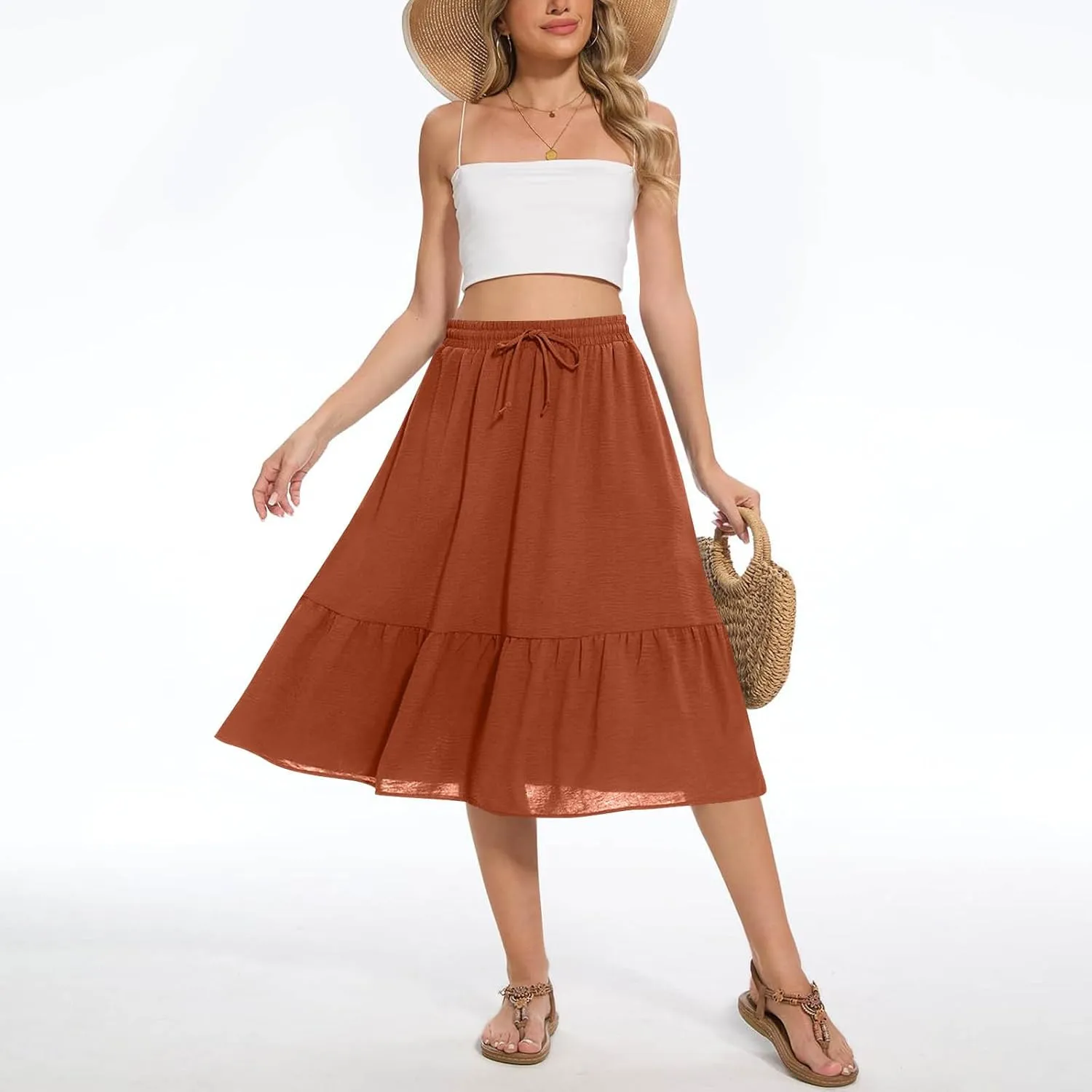 FZYLQY Women's Casual High Waisted Tiered Midi Skirt, Comfortable Loose Fit Elastic Waist Skirt with Pockets for Summer