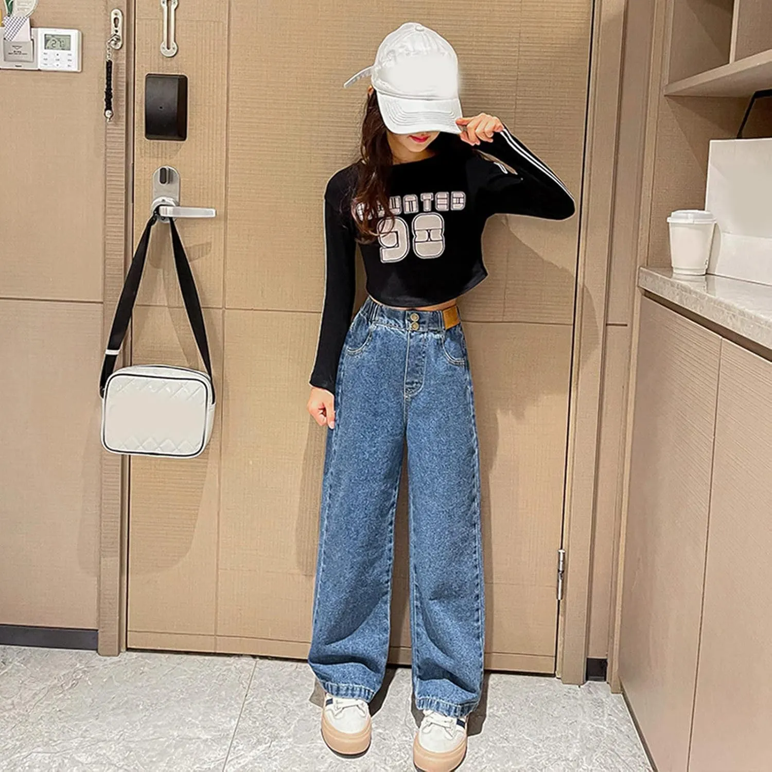 Girls Jeans Wide Leg Baggy Preppy Pants Straight Leg Wide Leg Pants Lightweight Exercise Casual Vintage Workout Loose