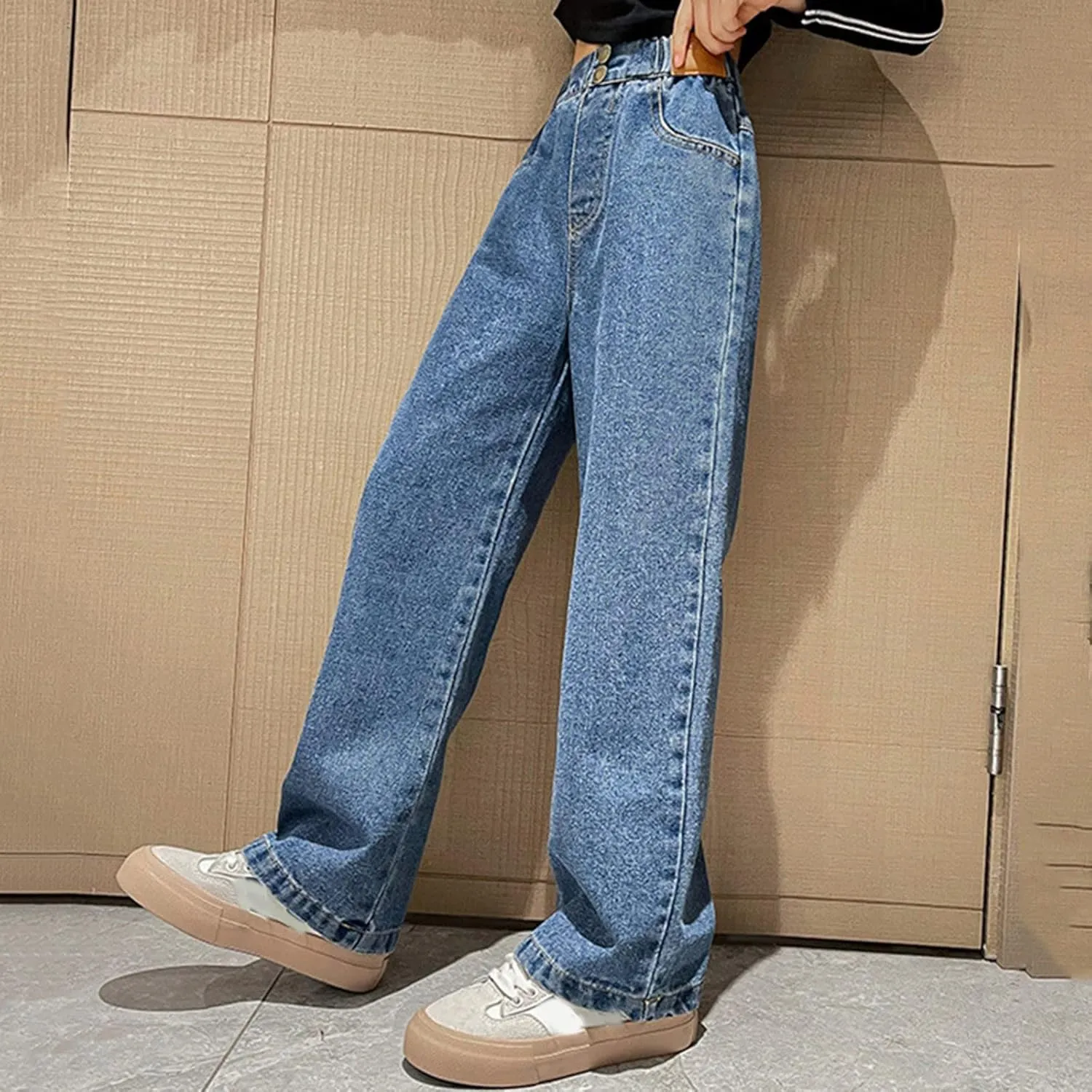 Girls Jeans Wide Leg Baggy Preppy Pants Straight Leg Wide Leg Pants Lightweight Exercise Casual Vintage Workout Loose