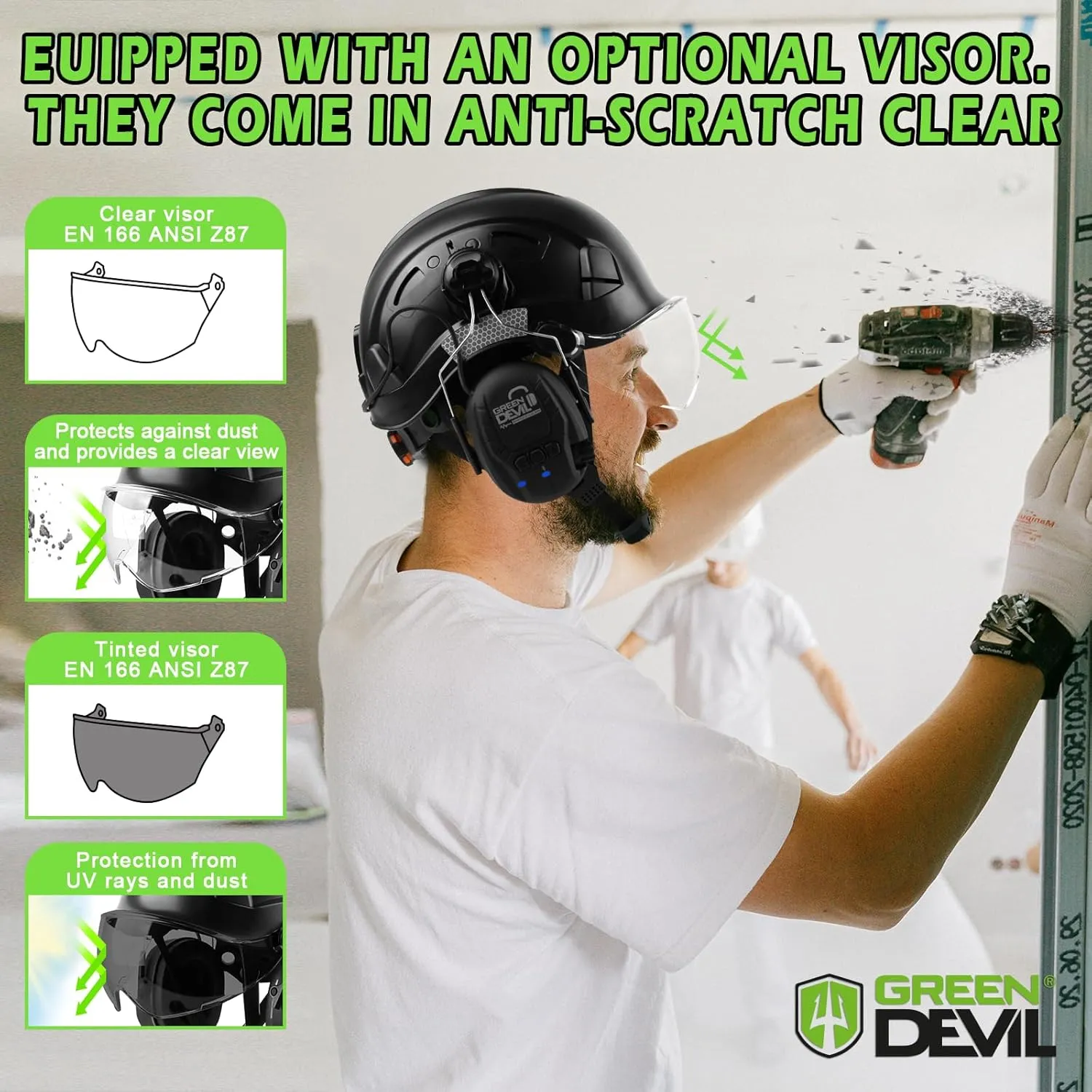 GREEN DEVIL Safety Helmet Hard Hat with Visor and Bluettoth Ear Muffs Vented Work Helmet for Men and Women ANSI Z89.1 Approved Hardhat Ideal for Industrial & Construction