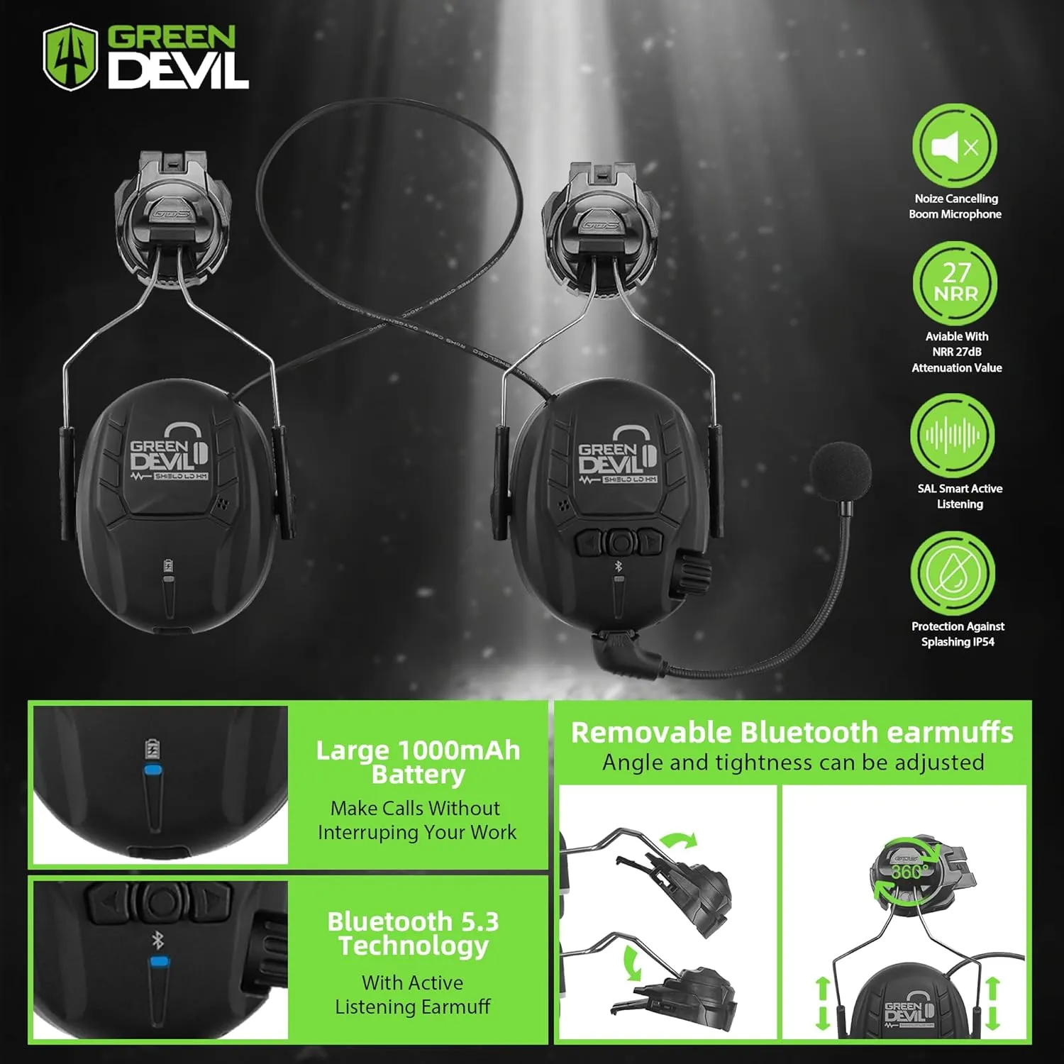 GREEN DEVIL Safety Helmet Hard Hat with Visor and Bluettoth Ear Muffs Vented Work Helmet for Men and Women ANSI Z89.1 Approved Hardhat Ideal for Industrial & Construction