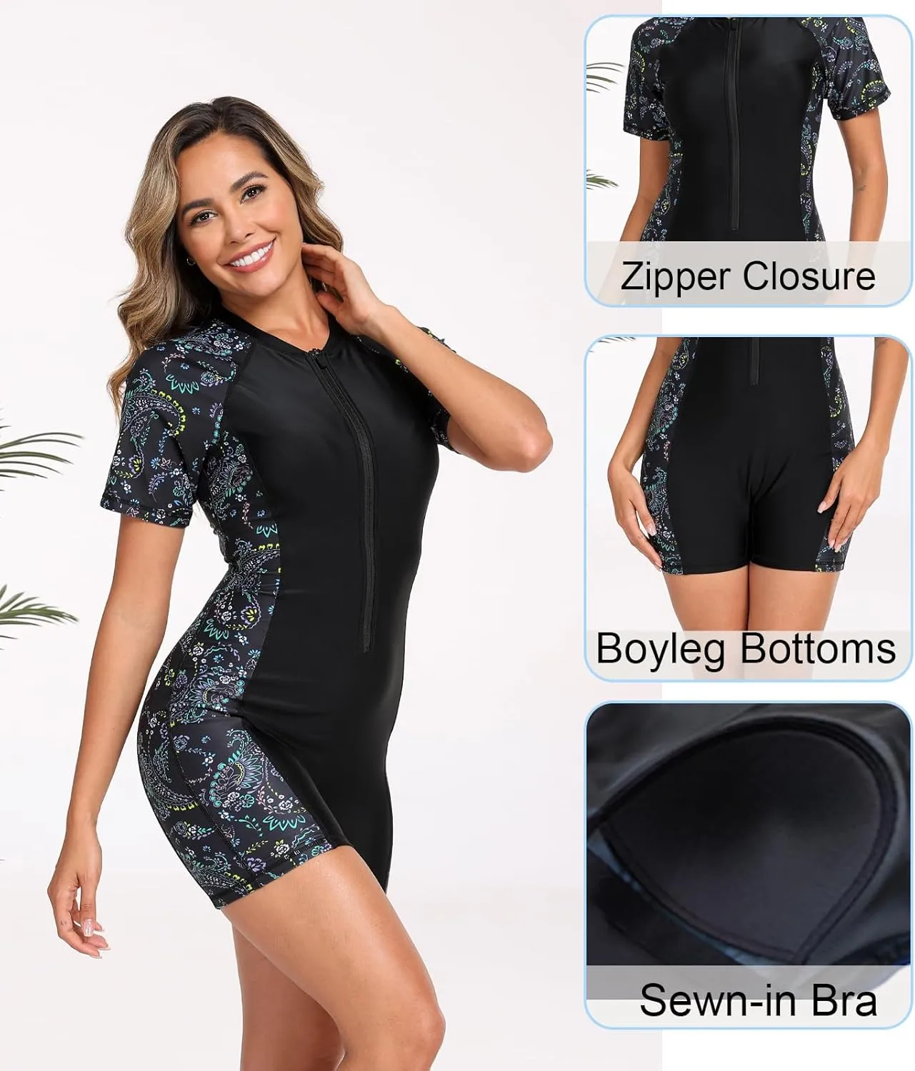 Halcurt Women's Boyleg One Piece Rash Guard with Built in Bra UPF50  Zip Long Sleeve Full Body Modest Swimsuit