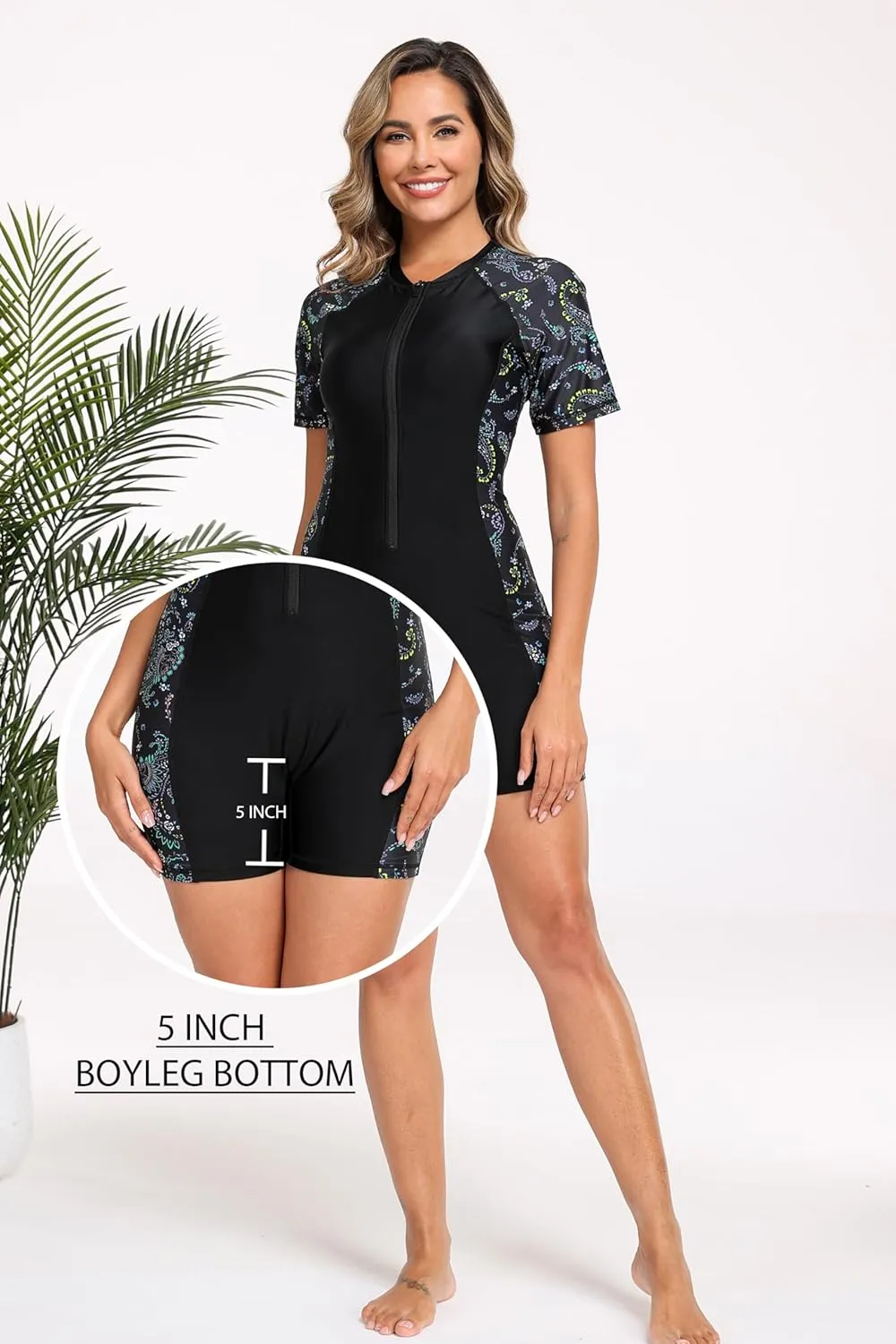 Halcurt Women's Boyleg One Piece Rash Guard with Built in Bra UPF50  Zip Long Sleeve Full Body Modest Swimsuit