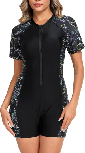 Halcurt Women's Boyleg One Piece Rash Guard with Built in Bra UPF50  Zip Long Sleeve Full Body Modest Swimsuit