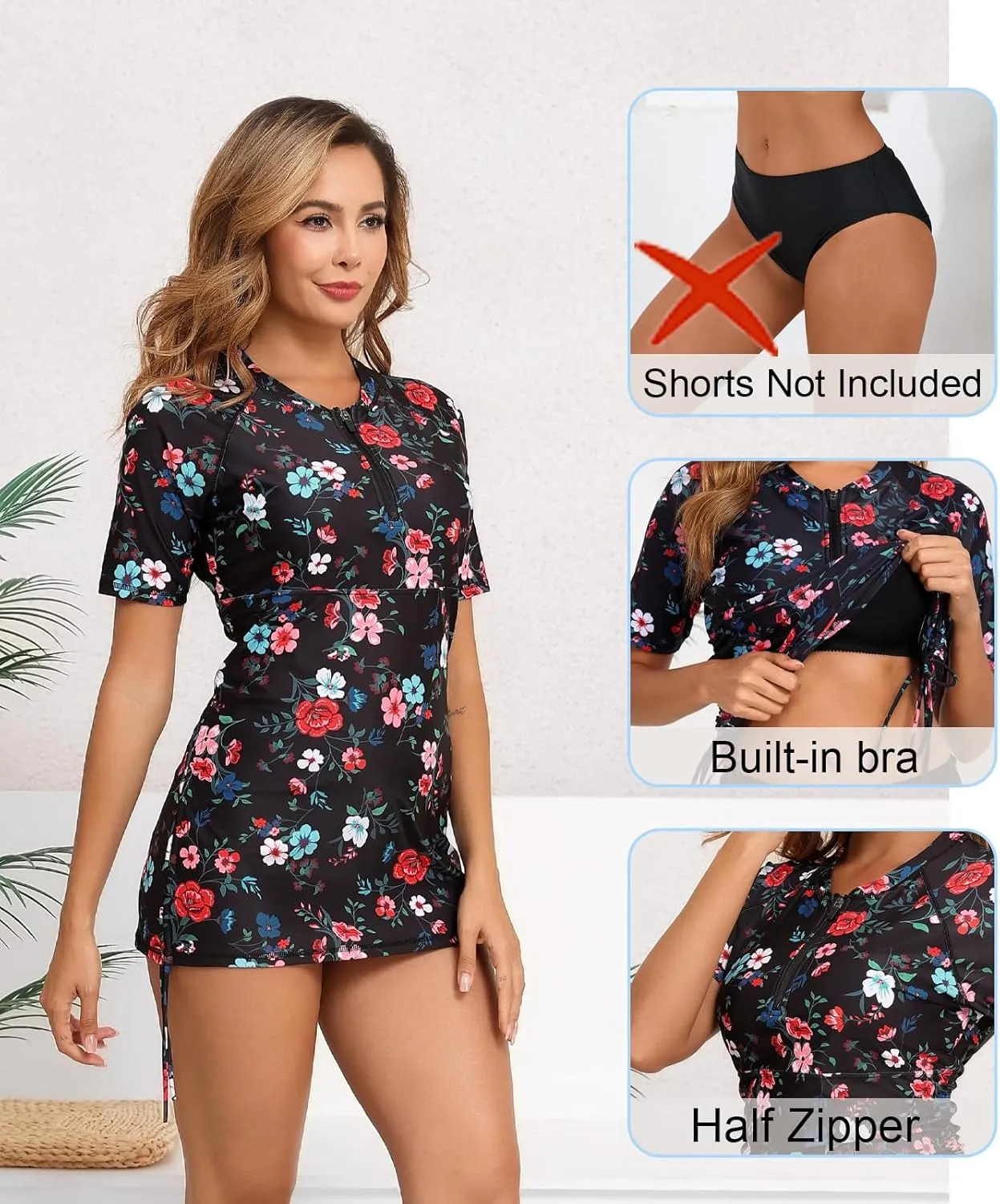 Halcurt Women's Half Zip Short Sleeve Rash Guard Swim Top with Bra Drawstring Adjustable UPF50  Swimsuit