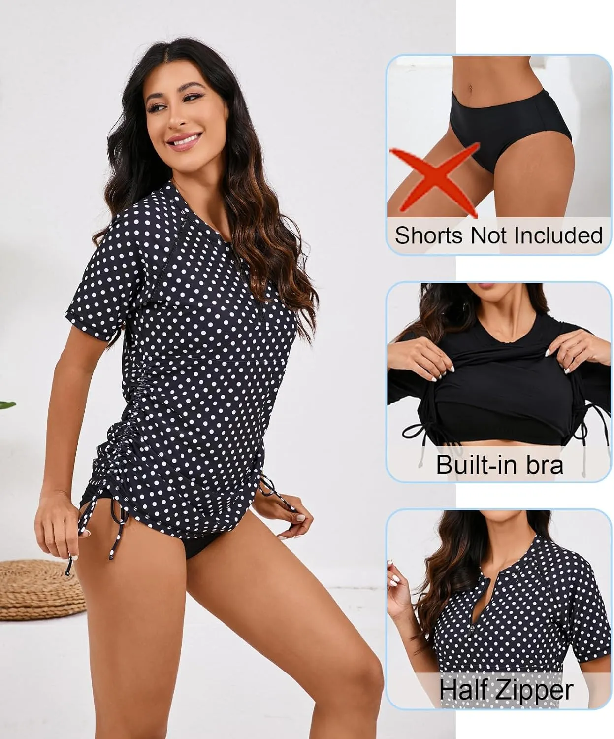 Halcurt Women's Half Zip Short Sleeve Rash Guard Swim Top with Bra Drawstring Adjustable UPF50  Swimsuit