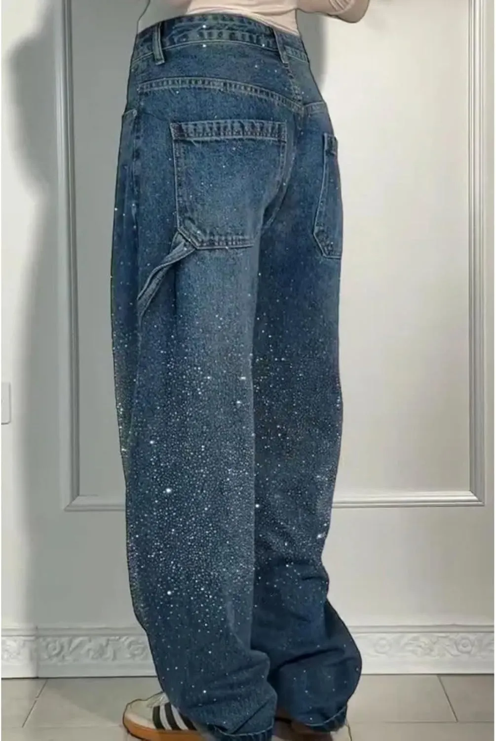 High Waisted Baggy Jeans for Women Diamond Straight Loose Jeans Fashion Vintage Boyfriend Denim Pants