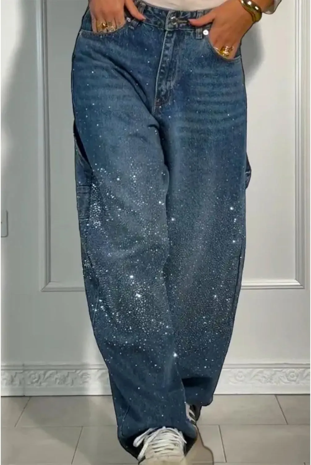 High Waisted Baggy Jeans for Women Diamond Straight Loose Jeans Fashion Vintage Boyfriend Denim Pants