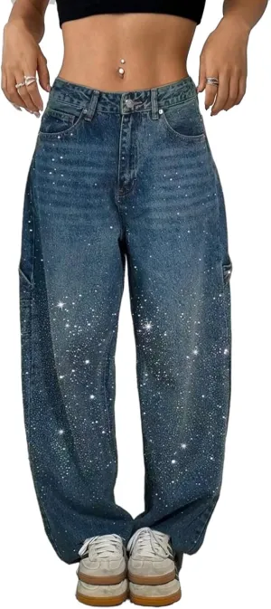High Waisted Baggy Jeans for Women Diamond Straight Loose Jeans Fashion Vintage Boyfriend Denim Pants