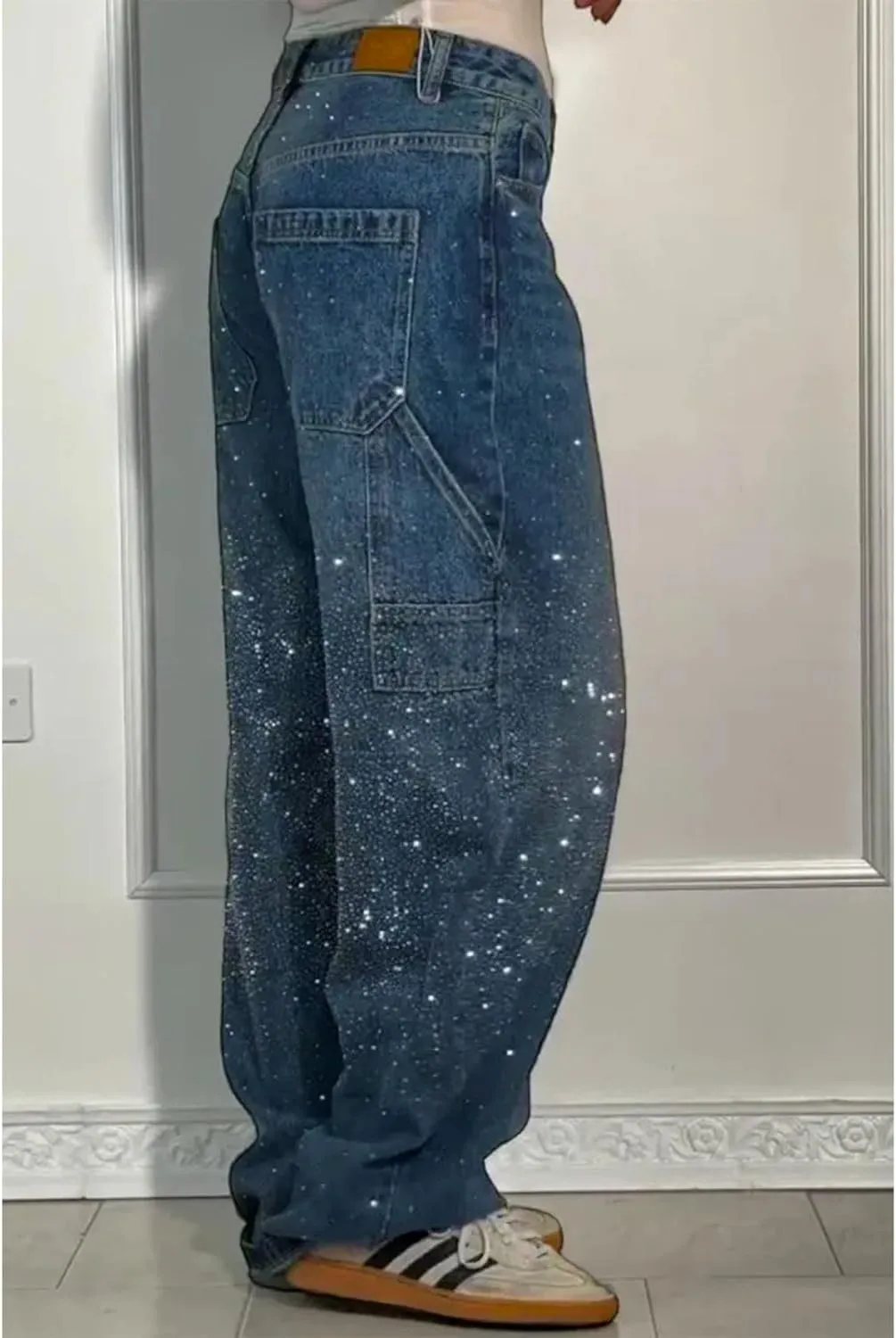 High Waisted Baggy Jeans for Women Diamond Straight Loose Jeans Fashion Vintage Boyfriend Denim Pants