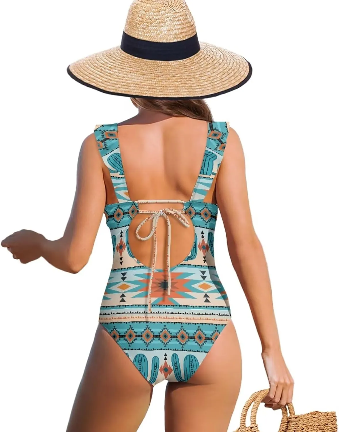 Howilath Aztec Tribal Print Women Swimwear Tummy Control One Piece Ladies Swimsuits V-Neck Bathing Suits High Waist Bikini