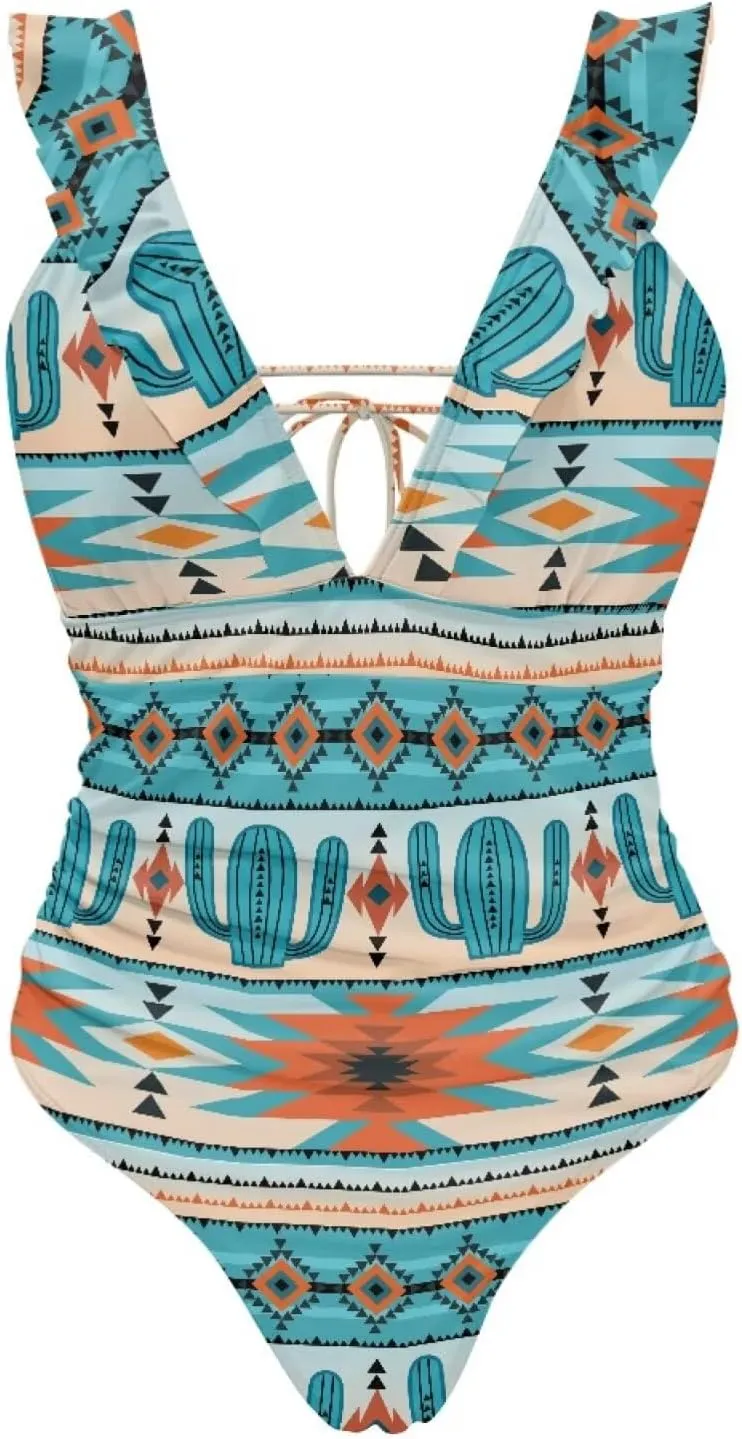 Howilath Aztec Tribal Print Women Swimwear Tummy Control One Piece Ladies Swimsuits V-Neck Bathing Suits High Waist Bikini