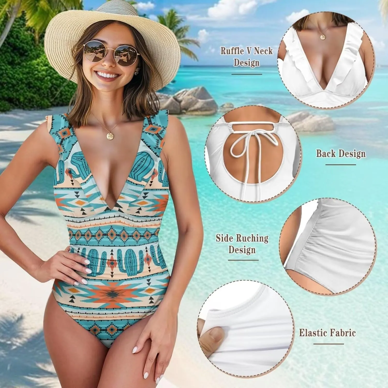 Howilath Aztec Tribal Print Women Swimwear Tummy Control One Piece Ladies Swimsuits V-Neck Bathing Suits High Waist Bikini