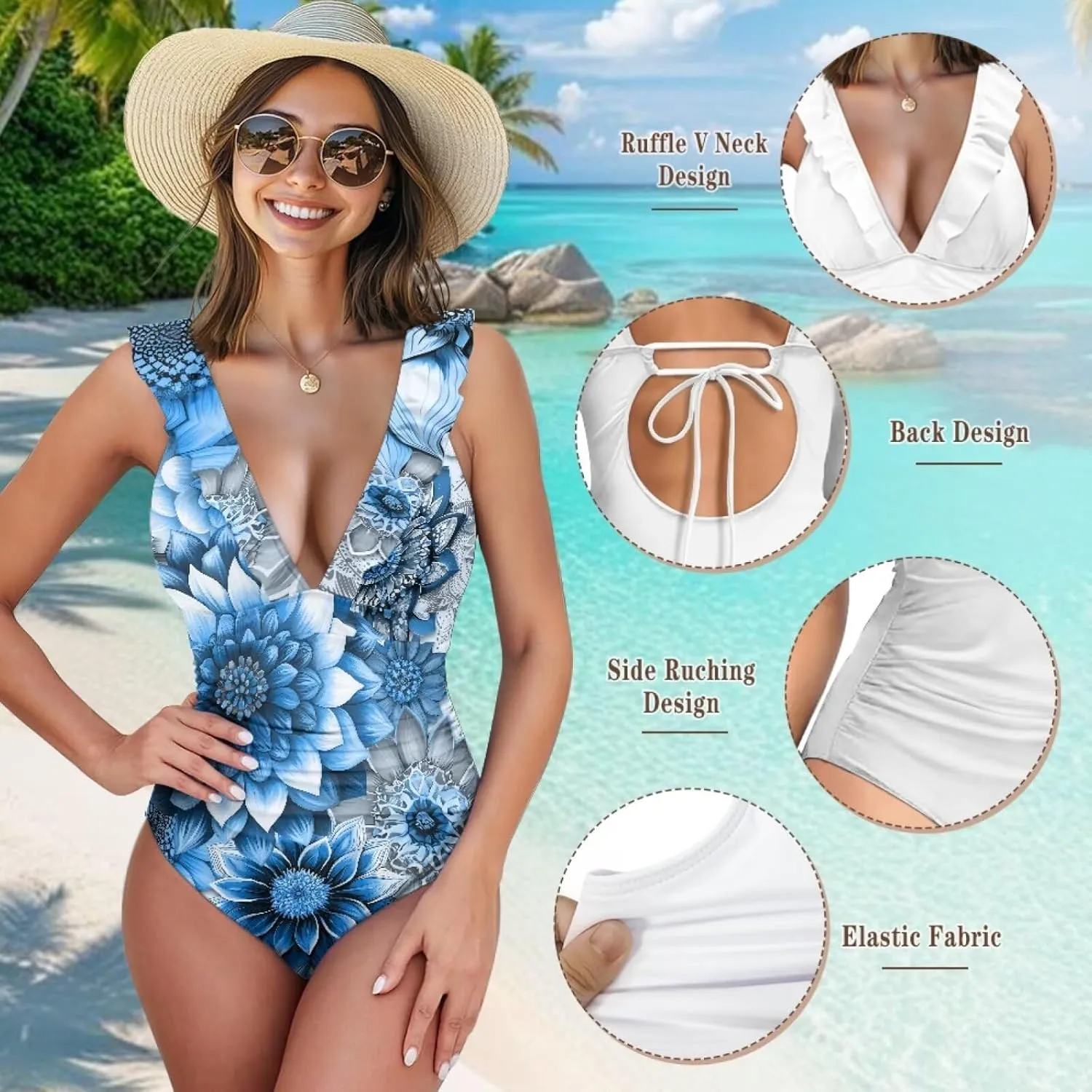 Howilath Floral Print One Piece Bikini for Women Ruched Ruffle Swimsuits Tummy Control Swimwear with Adjustable Strap