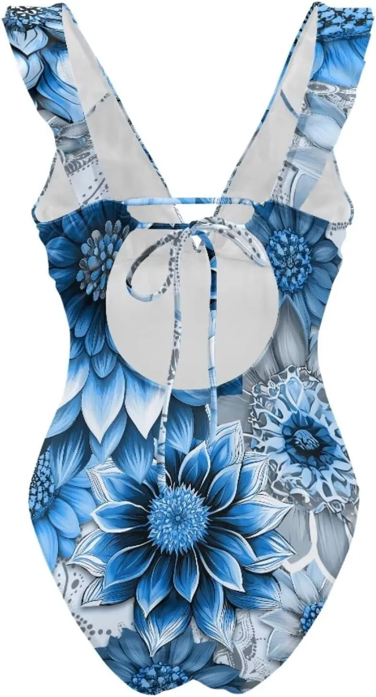 Howilath Floral Print One Piece Bikini for Women Ruched Ruffle Swimsuits Tummy Control Swimwear with Adjustable Strap