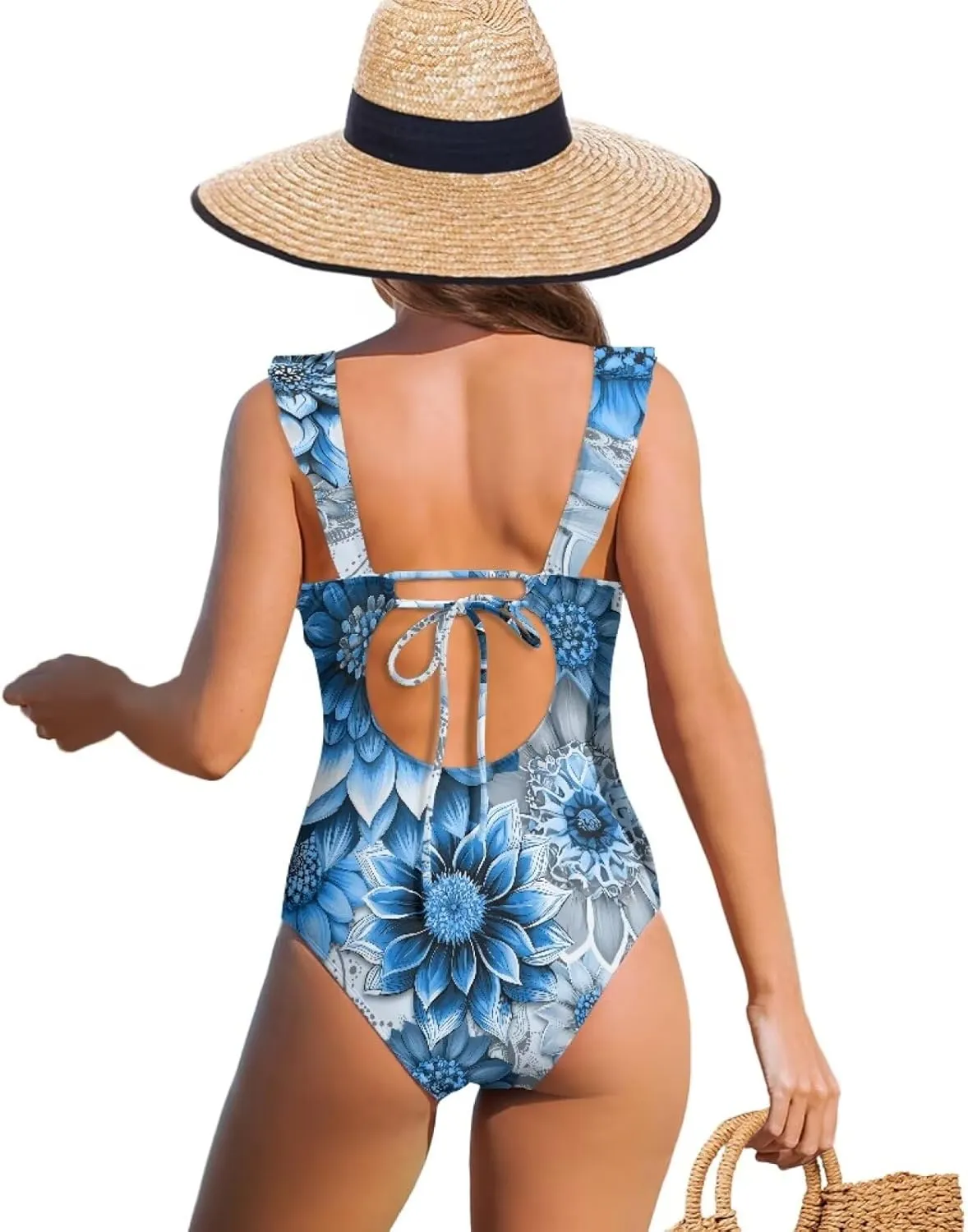 Howilath Floral Print One Piece Bikini for Women Ruched Ruffle Swimsuits Tummy Control Swimwear with Adjustable Strap