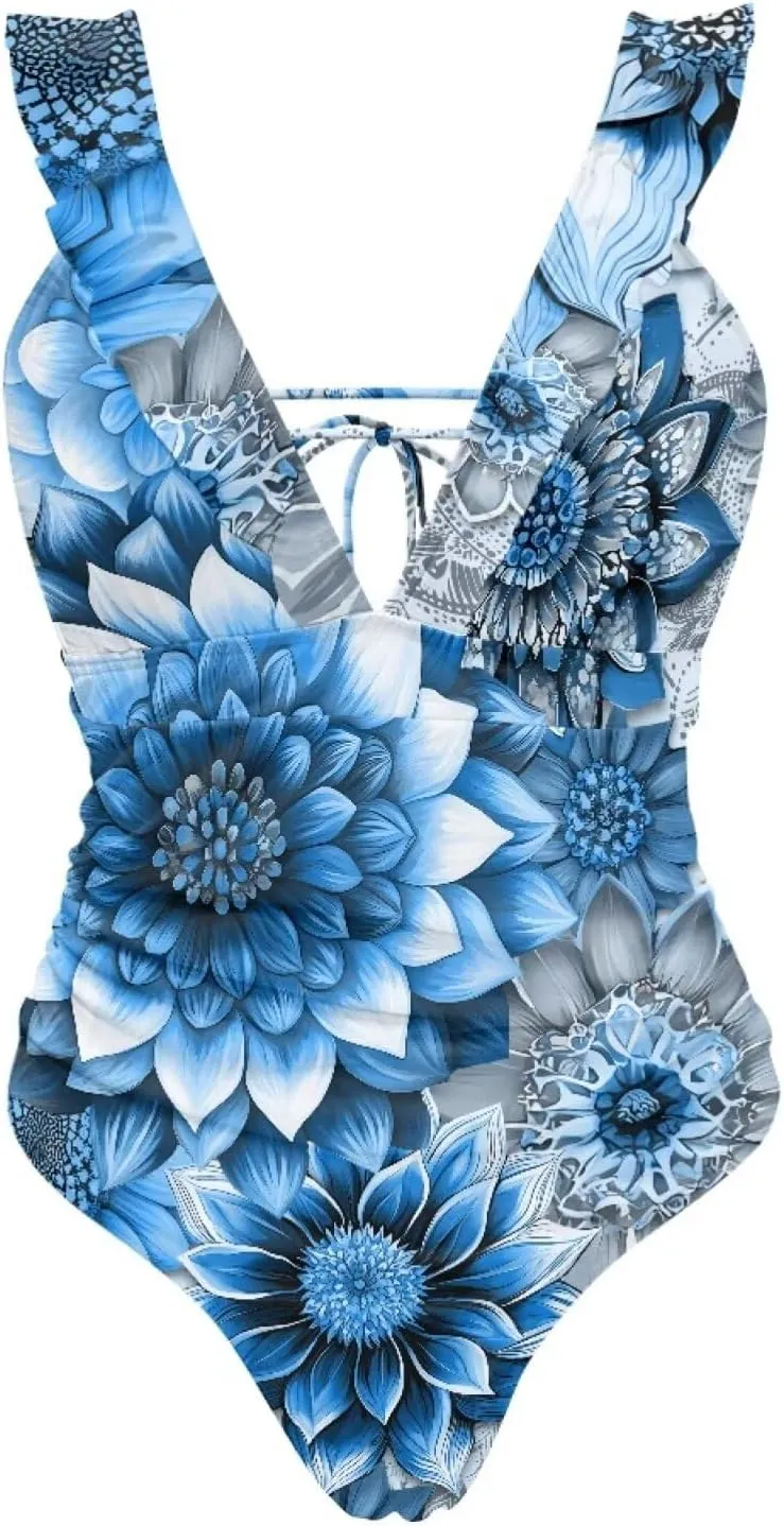 Howilath Floral Print One Piece Bikini for Women Ruched Ruffle Swimsuits Tummy Control Swimwear with Adjustable Strap