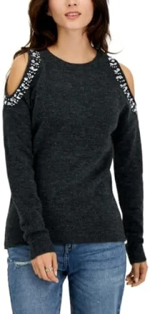 I.N.C. Womens Jewel-Studded Cold-Shoulder Sweater Heather Onyx S