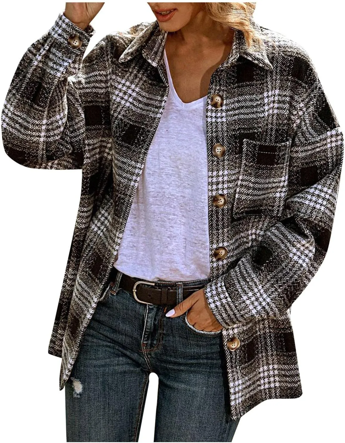 iQKA Women's Casual Christmas Plaid Jacket Long Sleeve Buttons Plush Cardigan Winter Warm Lapel Trench Coat