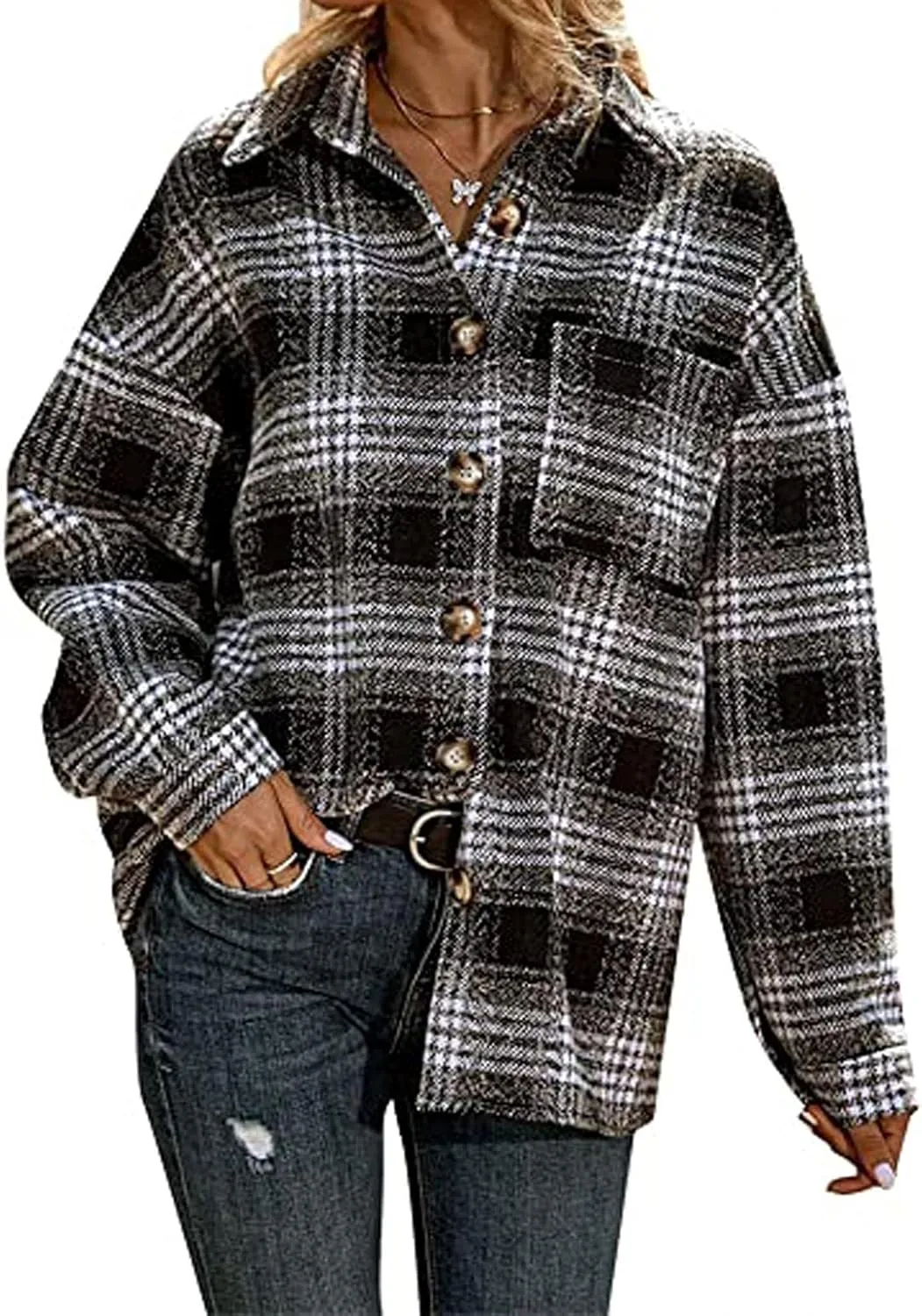 iQKA Women's Casual Christmas Plaid Jacket Long Sleeve Buttons Plush Cardigan Winter Warm Lapel Trench Coat