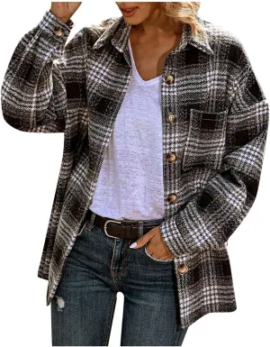 iQKA Women's Casual Christmas Plaid Jacket Long Sleeve Buttons Plush Cardigan Winter Warm Lapel Trench Coat