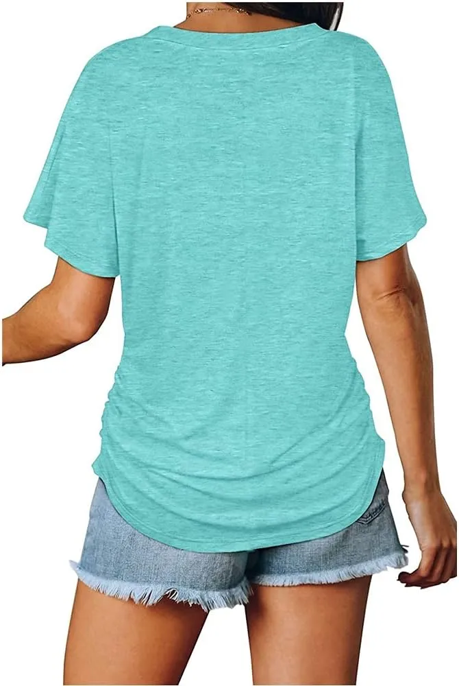 Janepam Women Summer Tops Short Sleeve Plain Solid Side Pleated Loose V-Neck Tee T-Shirt Blouse