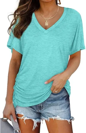 Janepam Women Summer Tops Short Sleeve Plain Solid Side Pleated Loose V-Neck Tee T-Shirt Blouse