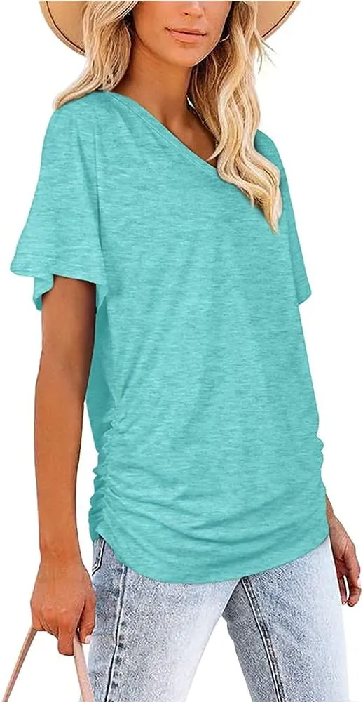 Janepam Women Summer Tops Short Sleeve Plain Solid Side Pleated Loose V-Neck Tee T-Shirt Blouse
