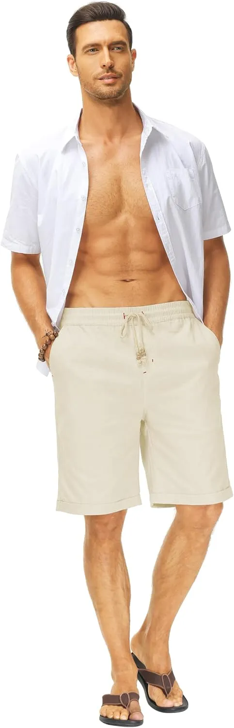 Janmid Men's Linen Shorts Casual Elastic Waist Drawstring Summer Beach Shorts