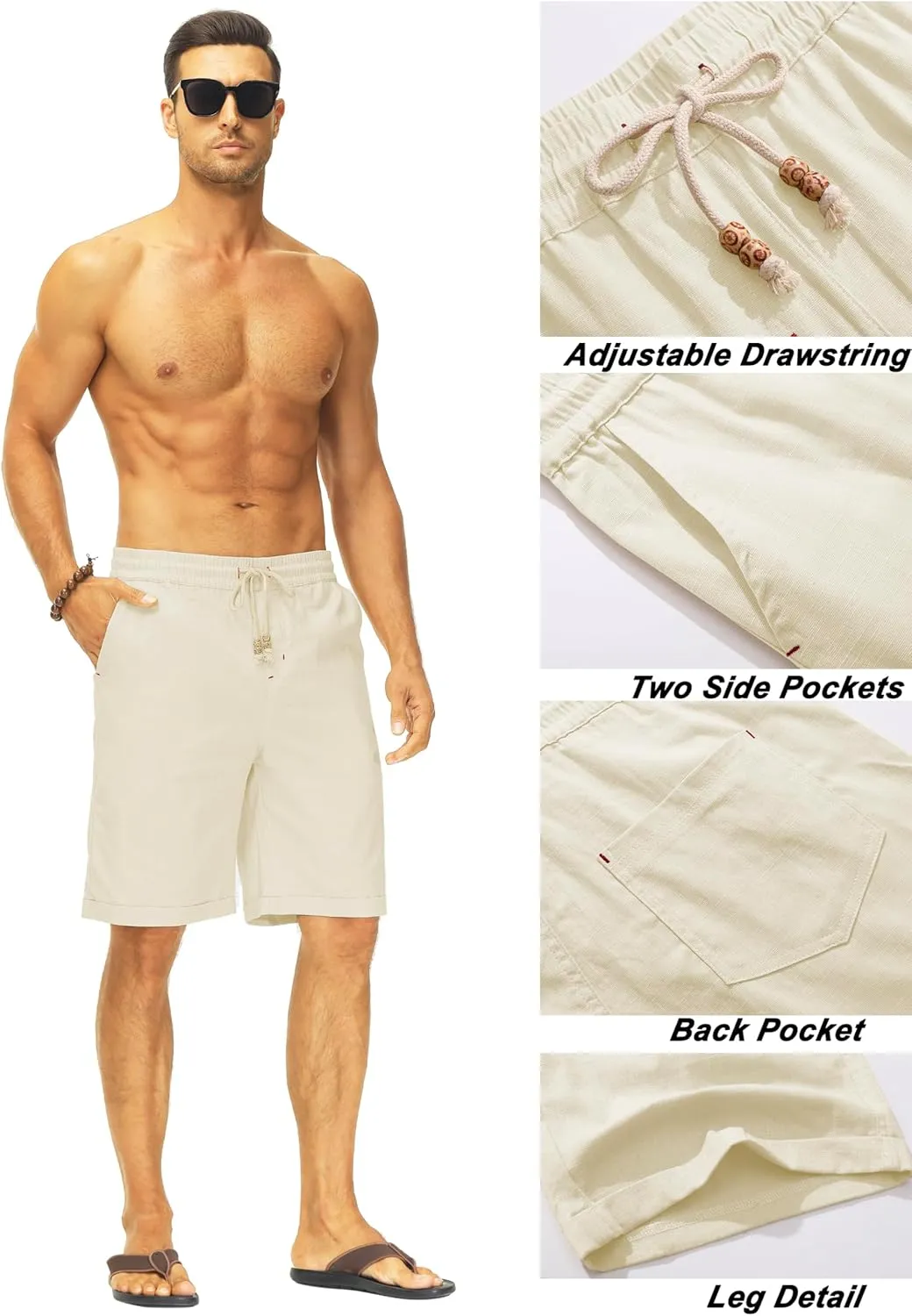 Janmid Men's Linen Shorts Casual Elastic Waist Drawstring Summer Beach Shorts