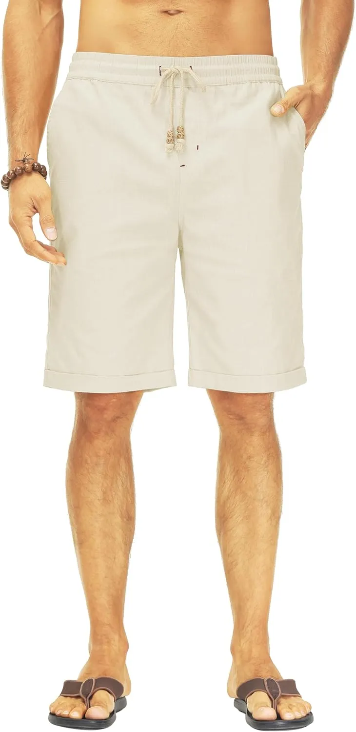 Janmid Men's Linen Shorts Casual Elastic Waist Drawstring Summer Beach Shorts